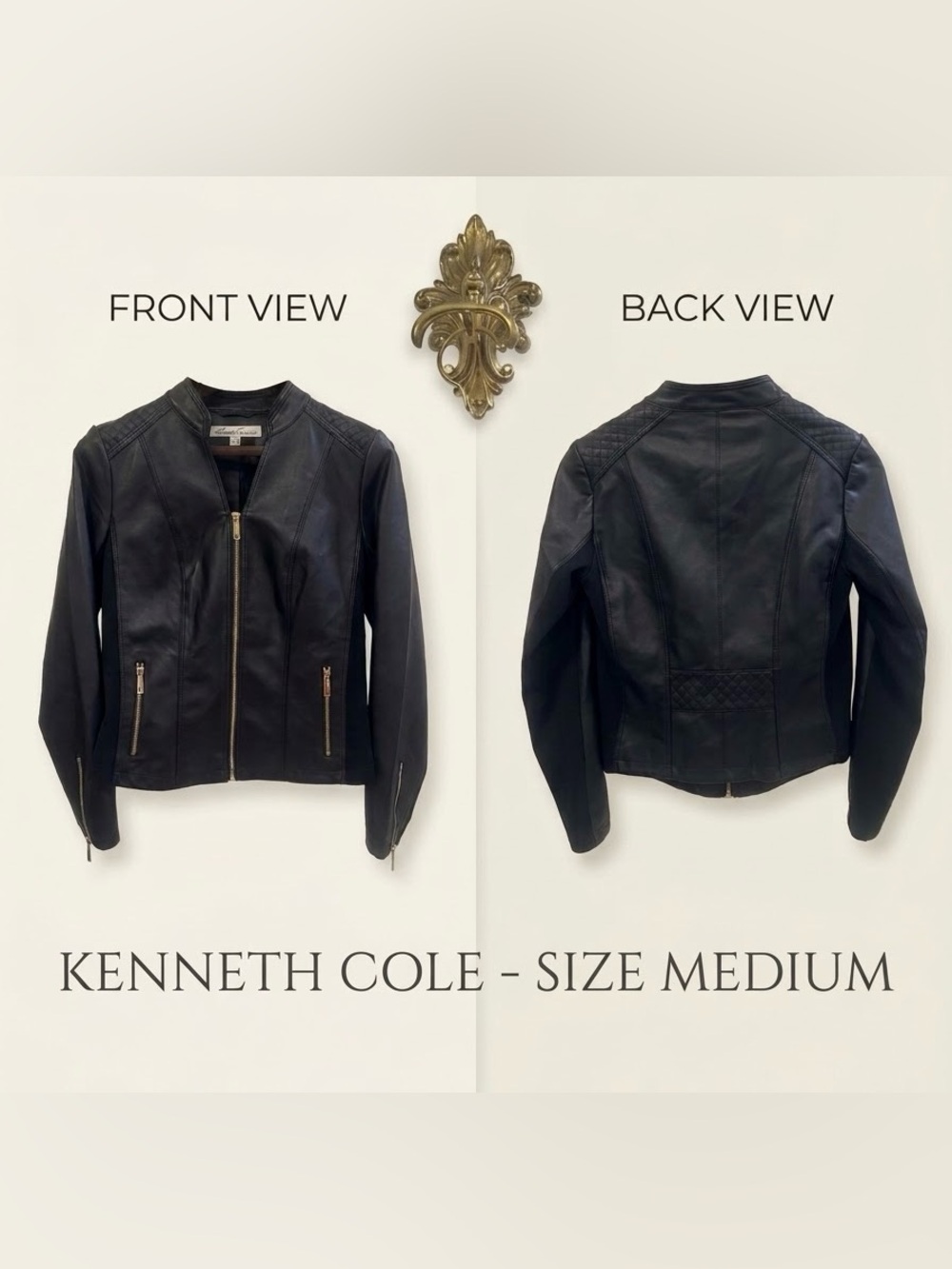 Kenneth Cole Black Faux Leather Moto Jacket w/ Knit Stretch Side Panels - Medium